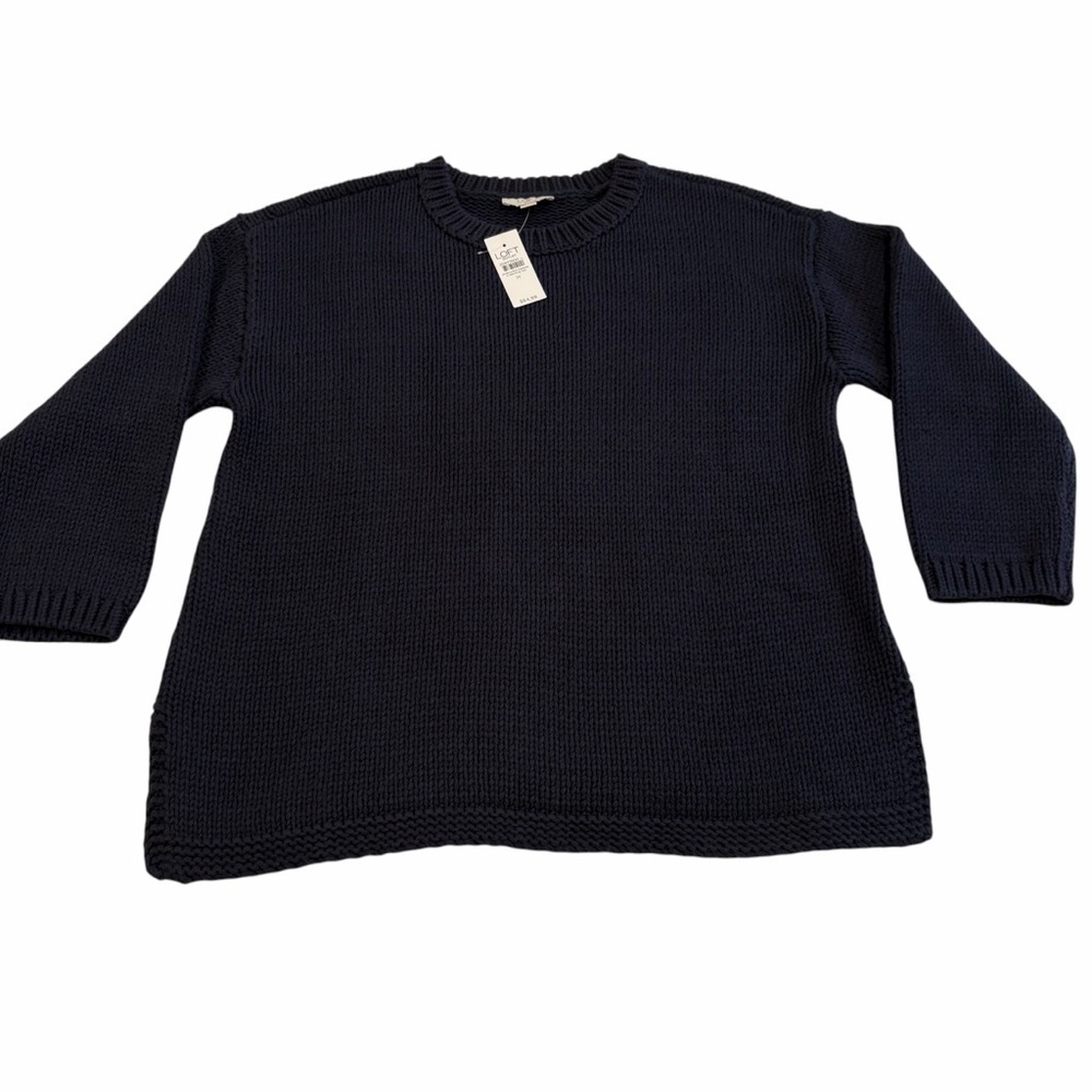 LOFT Navy Cotton-Blend Crewneck Sweater | Size M | Classic Knit Pullover